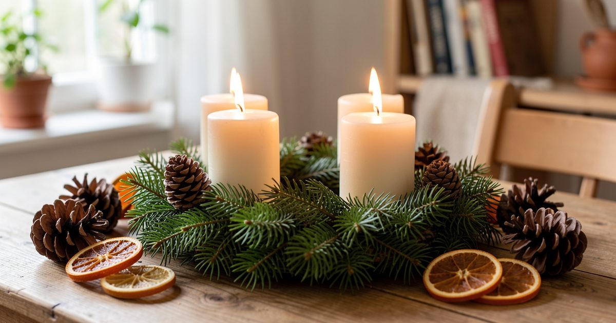 Adventní věnec se čtyřmi svíčkami a jehličím