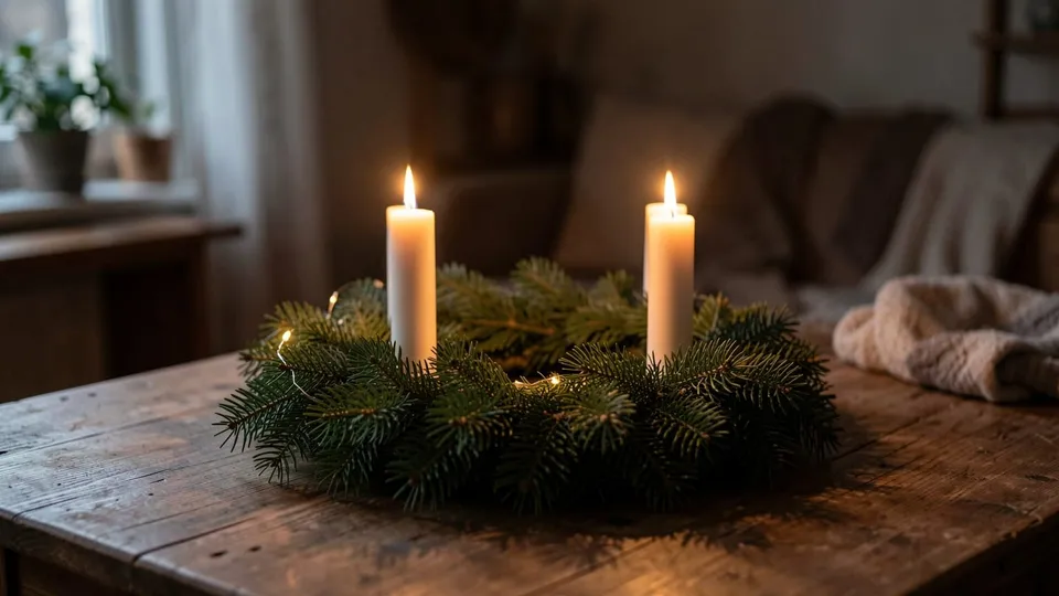 Adventní věnec z jehličí se dvěma hořícími svíčkami na dřevěném stole