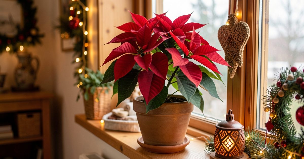 Vánoční hvězda (poinsettie) v květináči u okna