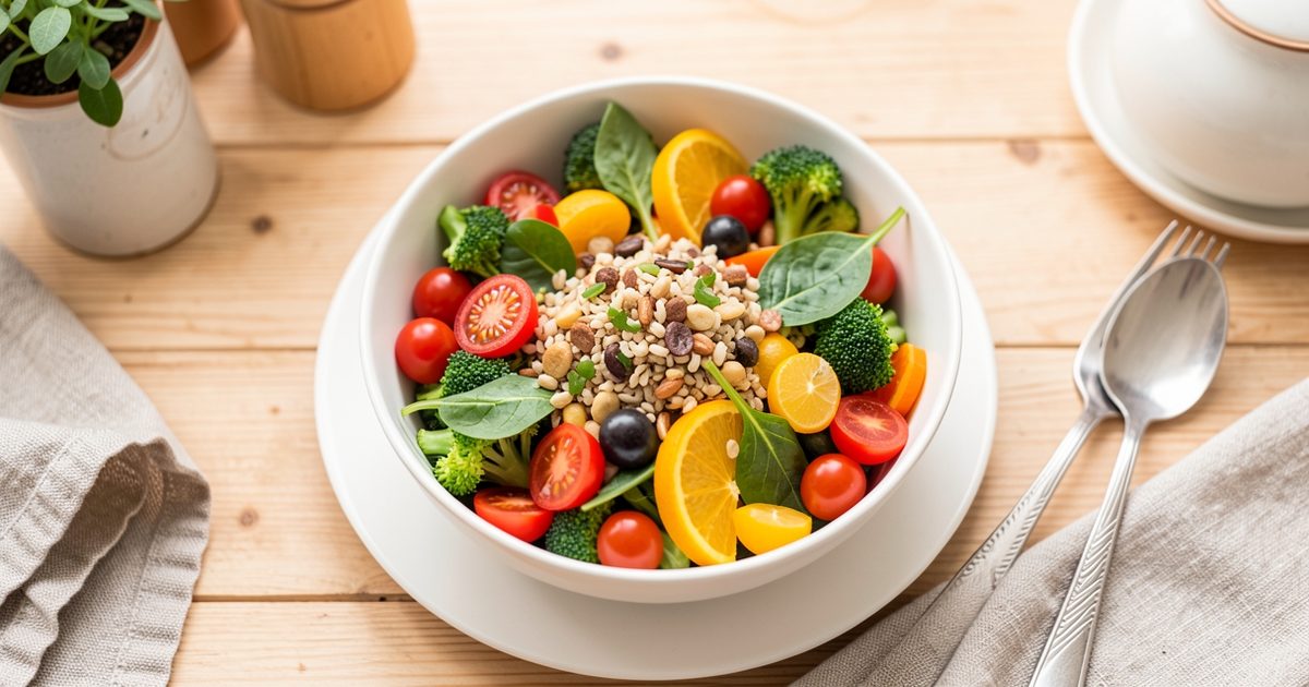 Zdravá barevná miska se zeleninou a obilovinami